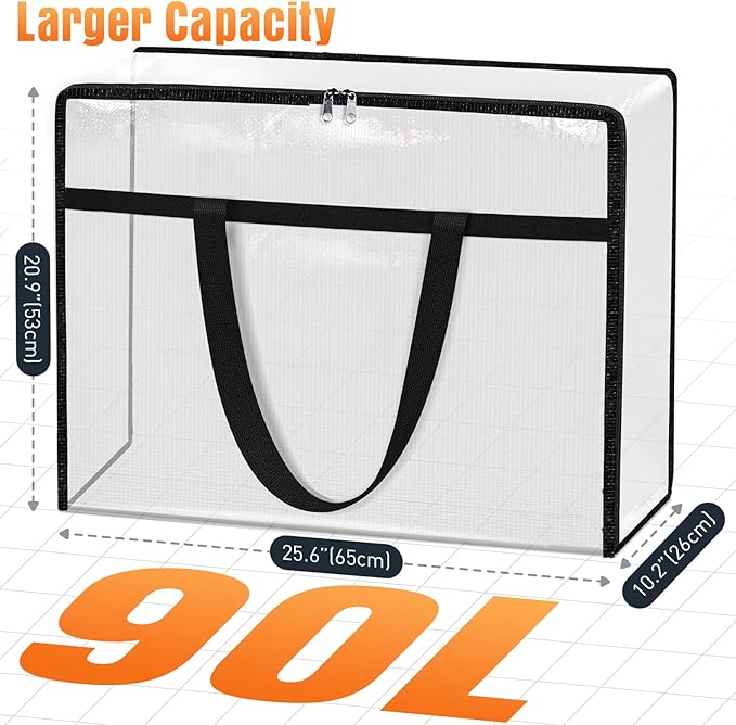 EdenDwell Clear Under Bed Storage Containers - 4 Pack Large Capacity Clothes Storage Bags with Lid & Sturdy Handles, Foldable Moving Bags, Clothing Organizer Totes for Bedding, Comforter, Sheet（90 L）