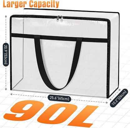 EdenDwell Clear Under Bed Storage Containers - 4 Pack Large Capacity Clothes Storage Bags with Lid & Sturdy Handles, Foldable Moving Bags, Clothing Organizer Totes for Bedding, Comforter, Sheet（90 L）