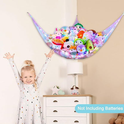 Unicorn Castle Stuffed Animals Net or Hammock Kids Toy Storage Organizer with LED Light Hanging Corner Stuffed Animals Holder Kids Girls Room Decor,Blue-Purple,Large (Pack of 1)