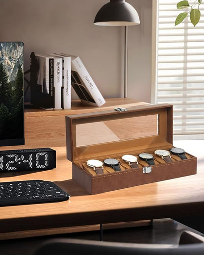 Uten 6 Slots Watch Box, PU Leather Watch Case with Glass Lid, Watch Holder Organizer with Soft Pillow and Velvet Lining, Watch and Jewelry Storage Box, Brown