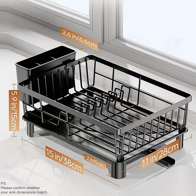 BULIJUJU Small Dish Drying Rack, Space Saving Dish Racks for Kitchen Counter, Kitchen Organizer Dish Drainer with Cutlery Holder for Spoons and Forks, 11''W x 15''L, Black