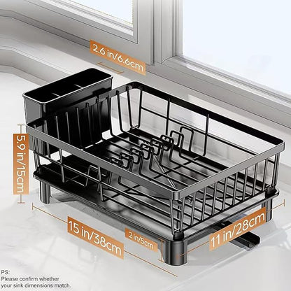 BULIJUJU Small Dish Drying Rack, Space Saving Dish Racks for Kitchen Counter, Kitchen Organizer Dish Drainer with Cutlery Holder for Spoons and Forks, 11''W x 15''L, Black