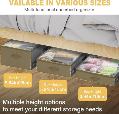 PLUMGEAN 10-Inch Under Bed Storage Containers (2-Pack) | Sturdy Sidewalls | Clear Cover & Label Holder | Foldable Fabric Closet Bin Organizer | Stores Clothing/Blankets/Sweaters/Sheets