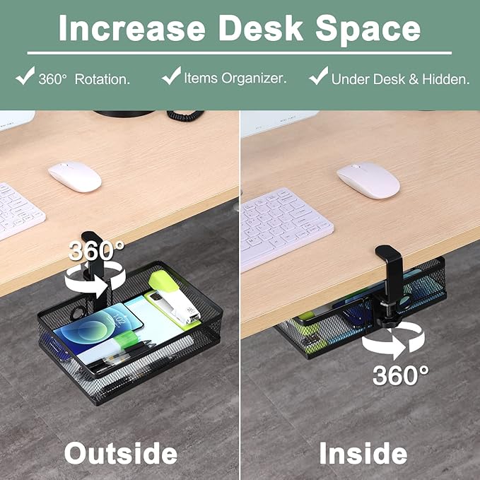 ROSLINE Under Desk Storage Organizer, Clamp on Drawer Basket, Hanging Storage, Mount Tray, Suitable for Multiple Scenes (Black)