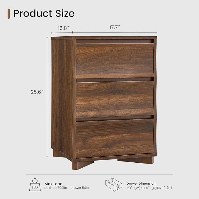 SUCSSRICH Nightstand, Night Stand with 3 Drawers, Modern Nightstand with Large Storage, Silent Slides, Wooden End Side Table, Bedside Table with 3 Drawers for Bedroom (Brown)