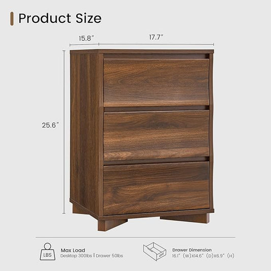 SUCSSRICH Nightstand, Night Stand with 3 Drawers, Modern Nightstand with Large Storage, Silent Slides, Wooden End Side Table, Bedside Table with 3 Drawers for Bedroom (Brown)