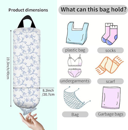 Plastic Bag Holder, Wall Mount Grocery Bag Organizer, Funny Hanging Trash Storage Dispenser for Home Kitchen Cute Blue Floral