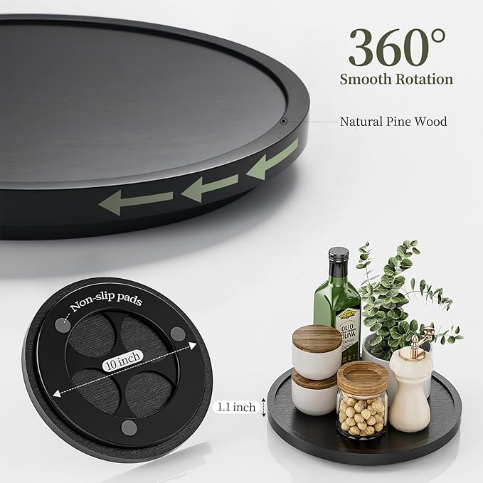 LAMU 10'' Wood Lazy Susan Organizer Turntable for Cabinet, Lazy Susan for Table Top, Pantry, Kitchen, Bathroom, Countertop, Rotating Spice Organizer, Vanity Decor Tray, Pine Wood, Black