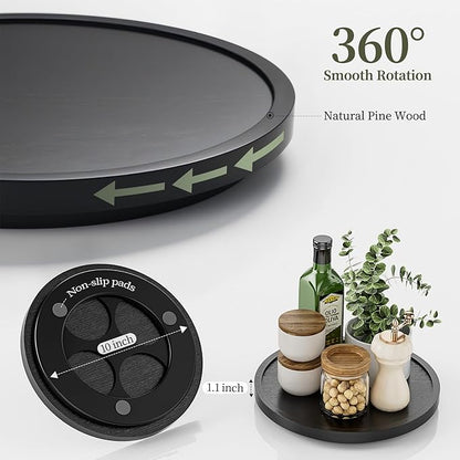 LAMU 10'' Wood Lazy Susan Organizer Turntable for Cabinet, Lazy Susan for Table Top, Pantry, Kitchen, Bathroom, Countertop, Rotating Spice Organizer, Vanity Decor Tray, Pine Wood, Black