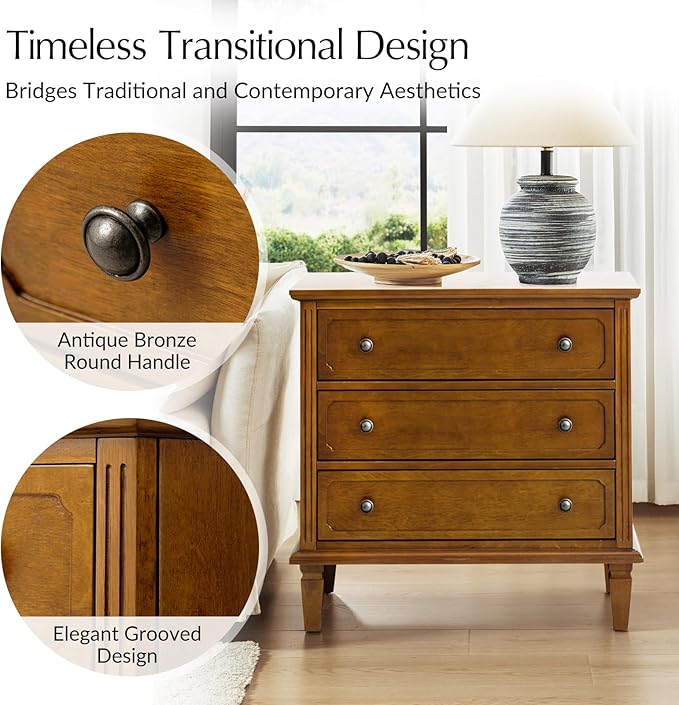 HULALA HOME 3 Drawer End Table with Charging Station, Wooden Drawer Organizer with Wood Legs, Mid Century Modern End Table Set of 2, Acorn