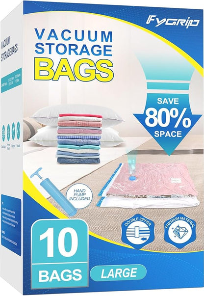 Fygrip Vacuum Storage Bags with Hand Pump, Plastic Packaging Bags, 80% Space Saver Vacuum Seal Bags for Clothing, Travel Lugggage, Blankets, Comforters, 10 Large