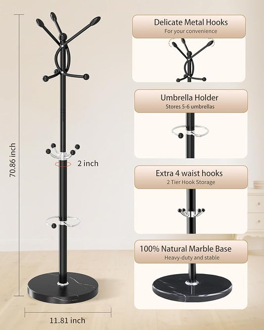 Metal Coat Rack with Natural Marble Base, Coat Rack Stand with 10 Hooks & Umbrella Holder, Black Modern Freestanging Coat Racks, Coat Jacket Hanger Tree Stand for Corner Entryway Office