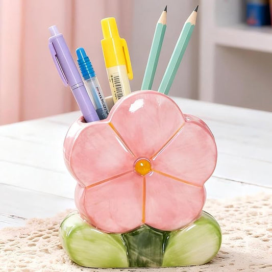 Pink Makeup Brush Holder Pen Holder for Office Desk Accessories Aesthetic Pencil Holder Cute Flower Home Decor Birthday Gifts for Women Vanity Toothbrush Holder Kawaii Kitchen Utensil Holder