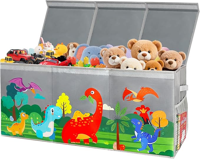 Extra Large Toy Box Chest with Lids, Collapsible Toy Storage Organizer for Kids, Dinosaur Toy Bin Box for Toddlers Boys Girls, Toy Organizer for Living Room Nursery Playroom Bedroom Home Grey