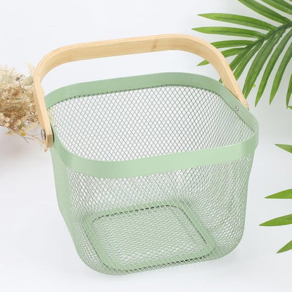 Metal Mesh Steel Basket, Storage Organizer Basket Multi-functional Hanging Kitchen Basket Fruit Basket Bin with Bamboo Handle, 9.84 x 10.2 x 7 inch, Mint Green
