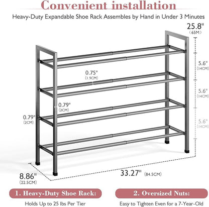 Bumusty 4-Tier Expandable Shoe Rack for Closet, 18“-33” Adjustable Shoe Rack for Small Space, Small Shoe Organizer for Front Door, Sturdy Metal, Gray