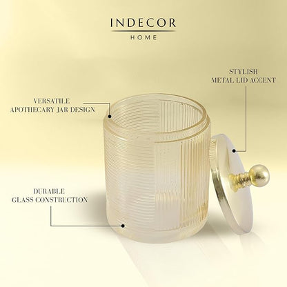 Indecor Home Tan Colored Tranlucent Apothecary Ribbed Geometric Etched Glass Jar W/Gold Metal Lid Cover for Bathroom Organization, Cotton Balls, Q Tips, and Small Accessories, Bathroom Storage