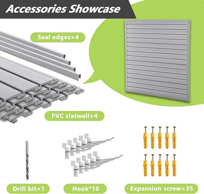 4x4 FT PVC Slatwall Panel Wall Storage Systems, Interlocking Slat Wall Paneling Garage Wall Organizer, Slat Board Wall-Mounted Slat Wall Panels for Garage Storage, Shelves, and Tools, Grey