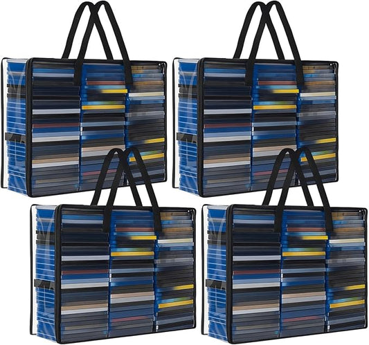 Buryeah 4 Packs Extra Large DVD Storage Bags, Storage Case Holder Organizer Holds up to 360 DVDs Clear Plastic Bags Video Game with Carrying Handles and Zipper, Media Organizer for Movie VHS (Clear)