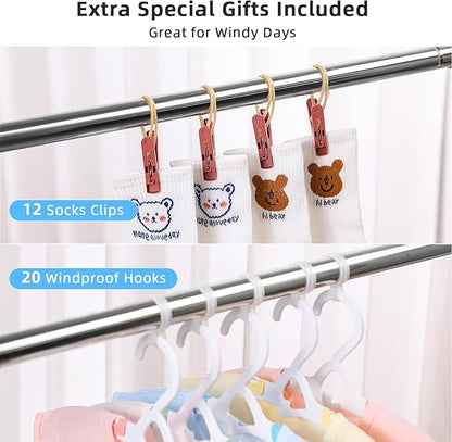 funest Drying Rack Clothing, 79 Inches Adjustble & Foldable Laundry Drying Rack, Heavy Duty Stainless Steel Clothes Drying Rack with 20 Hooks, 12 Clips, Suitable for Indoor, Outdoor and Balcony