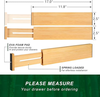 4 Pack Bamboo Kitchen Drawer Dividers 2.6" High, Adjustable from 12 Inch to 17 Inch Drawer Organizers, Expandable Drawer Separators for Clothes, Bedroom, Dresser, Office (Beige)