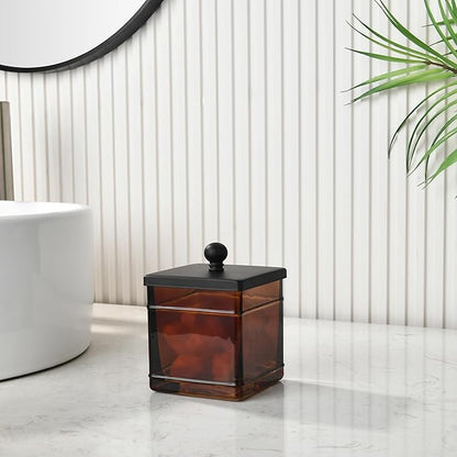 Indecor Home Amber Glass Cotton Jar Holder – Black Lid Elegant Bathroom Storage Canister for Qtips, Cotton Balls, Floss, Makeup Organizer, Vanity & Bathroom Organization