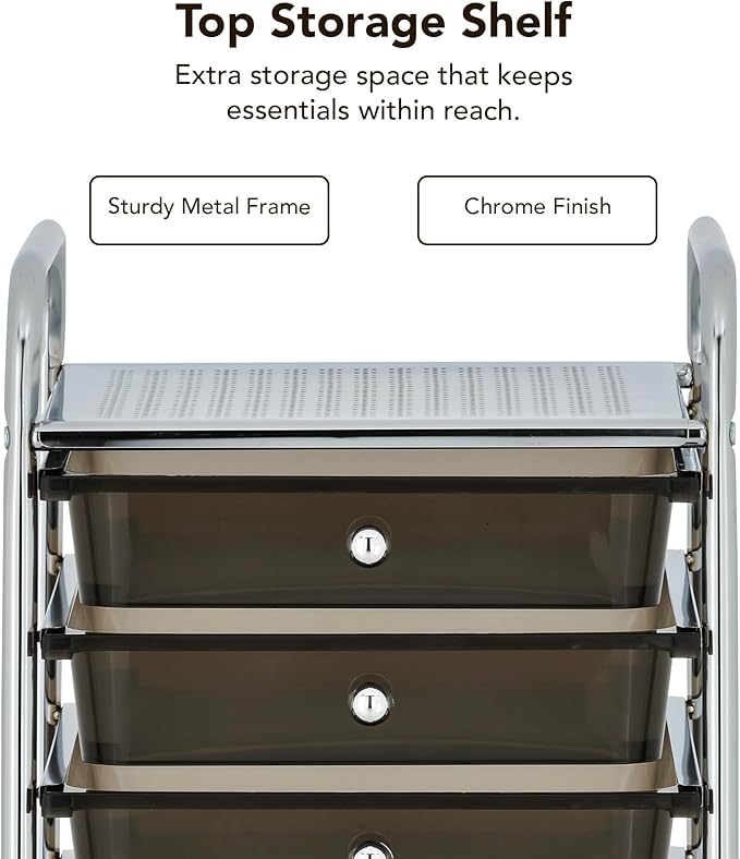Display By Jack Rolling Storage Cart 10 Drawer Organizer with Black Drawers, Slim 36" Chrome Frame, Locking Wheels, and Top Shelf for Office, Classroom, Bathroom, or Craft Storage