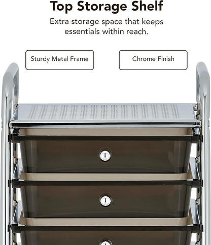 Display By Jack Rolling Storage Cart 10 Drawer Organizer with Black Drawers, Slim 36" Chrome Frame, Locking Wheels, and Top Shelf for Office, Classroom, Bathroom, or Craft Storage