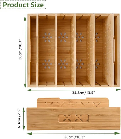 Bamboo Drawer Organizer Boxes, Natural Bamboo Storage Tray Drawer Organizer Set, Kitchen Utensil Holder & Cutlery Tray with 5 Custom Adjustable Dividers Cutlery Tray Drawer Dividers for Flatware
