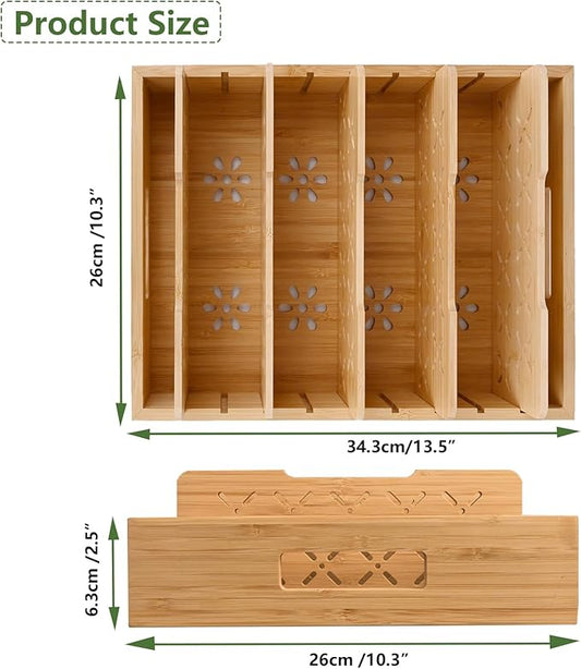 Bamboo Drawer Organizer Boxes, Natural Bamboo Storage Tray Drawer Organizer Set, Kitchen Utensil Holder & Cutlery Tray with 5 Custom Adjustable Dividers Cutlery Tray Drawer Dividers for Flatware