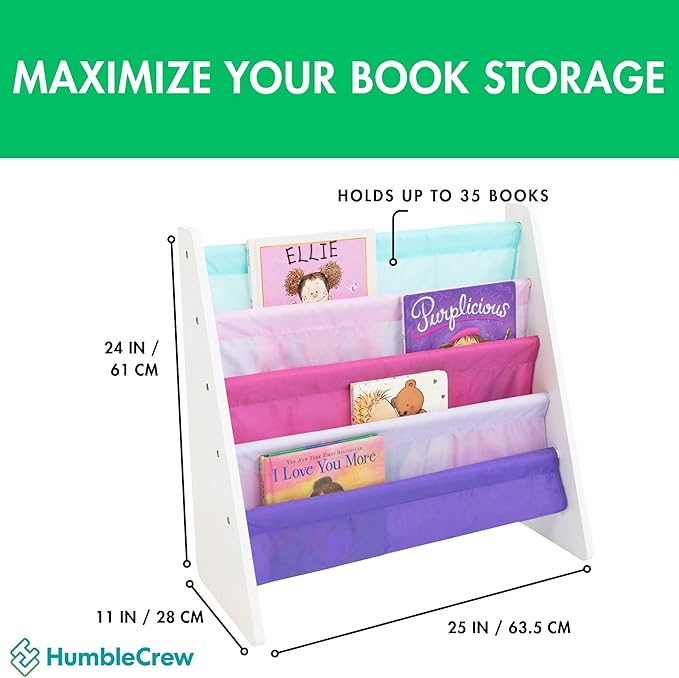 Humble Crew 4-Tier Kids Bookshelf, White/Pink/Purple/Blue - Premium Book Shelf for Kids Rooms with Four Deep Pockets - Toddler Sling Book Rack with Deep Sleeves, Nursery Bookcase Organizer