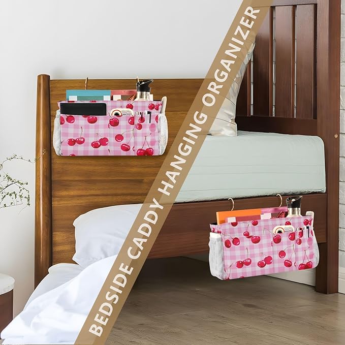 CuwrYet Bedside Caddy Hanging Bunk Bed Caddy Bed Organizer Hanging Pocket with 2 Hooks Bedside Storage Organizer Pocket Bag Holder Pink Juicy Checkered Cherry