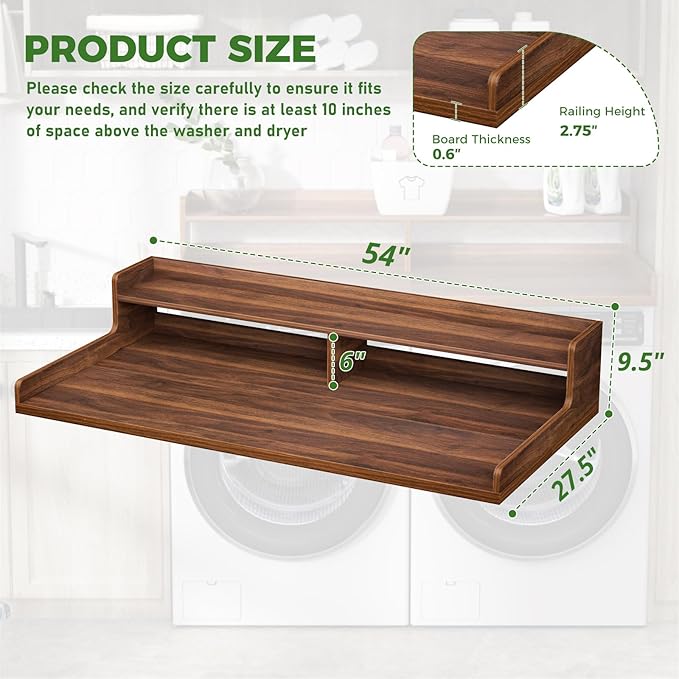 VOPEAK Washer and Dryer Countertop with Shelf, 2-Tier Washer Dryer Topper, 54" x 27.5" Spacious Laundry Countertop, Washing Machine Topper for Laundry Room Organization and Folding Clothes, Walnut