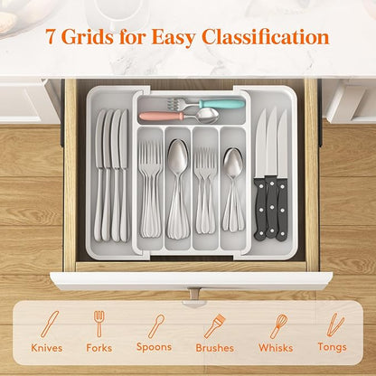Lifewit Silverware Drawer Organizer, Expandable BPA Free Utensil Tray for Kitchen, Adjustable Flatware and Cutlery Holder for Spoons Forks Knives, Plastic Kitchen Organizers and Storage, White