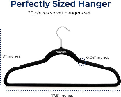 SereneLife 20 Pack Velvet Hangers – Non-Slip Clothes Hangers with Heavy Duty Design, Slim Space-Saving Coat Hangers with 360° Swivel Hook, Strong Lightweight Closet Organizer Set for Clothes (Black)