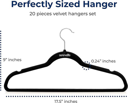 SereneLife 20 Pack Velvet Hangers – Non-Slip Clothes Hangers with Heavy Duty Design, Slim Space-Saving Coat Hangers with 360° Swivel Hook, Strong Lightweight Closet Organizer Set for Clothes (Black)