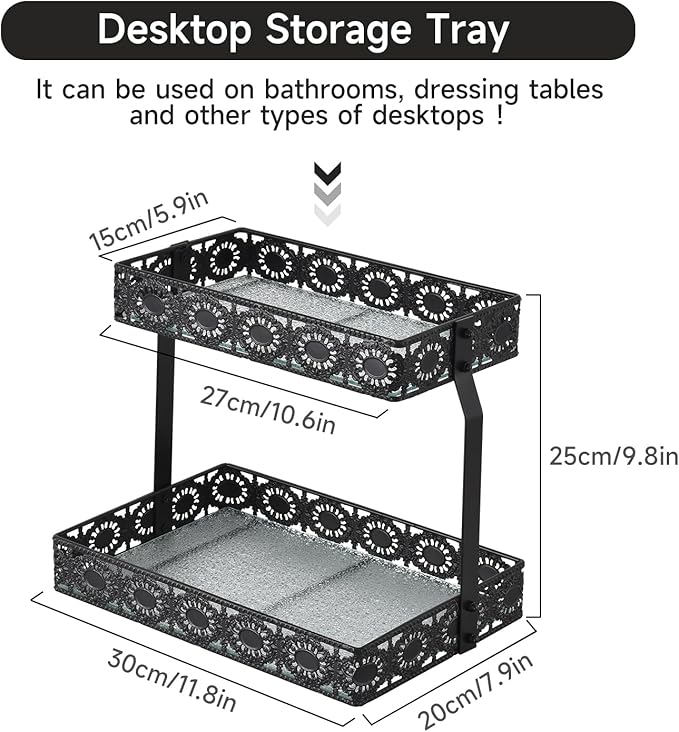 xiaojuande-Two Layer Glass Storage Tray with Portable Dressing Table Skin Care Product Organization Rack Corner Storage Rack for Bathroom Counter High-end Light Luxury Display Plate - Gold (Black)