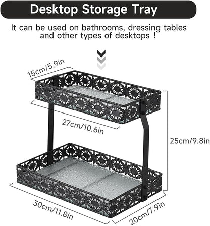 xiaojuande-Two Layer Glass Storage Tray with Portable Dressing Table Skin Care Product Organization Rack Corner Storage Rack for Bathroom Counter High-end Light Luxury Display Plate - Gold (Black)