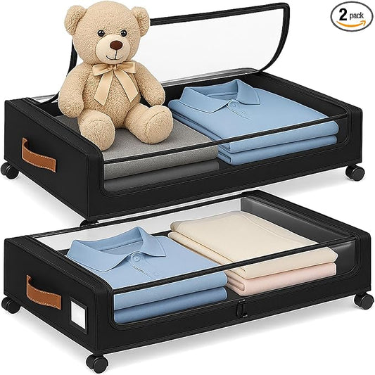 Under Bed Storage with Wheels – Foldable Rolling Organizer Bin with Lid & Label Slot, Clothes Storage Box for Blankets, Shoes, Sweaters, Underbed Storage Container for Bedroom & Closet (Black*2pcs)