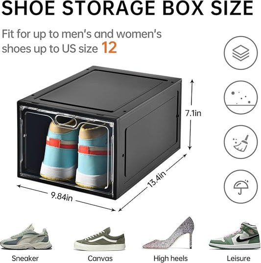 INSTY 12 Pack Large Shoe Storage Box, Clear Shoe Storage Organizer with Magnetic Door, Stackable,Shoe Containers For Display Sneakers, Easy Assembly, Fit up to US Size 12, Black