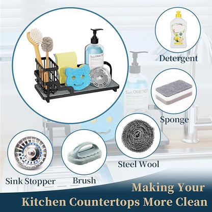 Consumest Sponge Holder for Kitchen Sink - Sink Caddy Organizer with Water Absorbing Stone Tray, Detachable Brush Holder, Stainless Steel Kitchen Counter Organizer Rack, Black