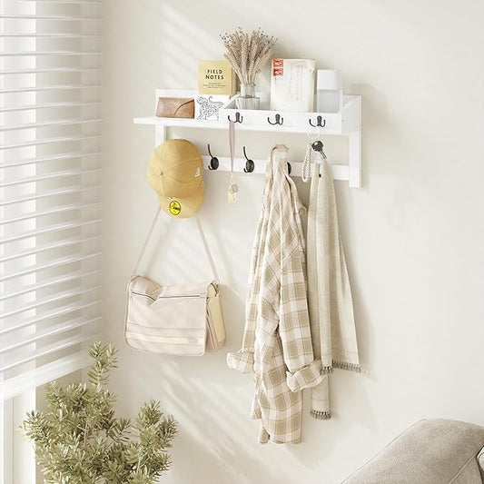 AMBIRD Wall Hooks with Shelf, 26.57 Inch Entryway Wood Coat Hooks for Wall, Coat Rack Wall Mount with 5 Dual Hooks 3 Key Hooks Mail Organizer and Key Rack Holder (White)