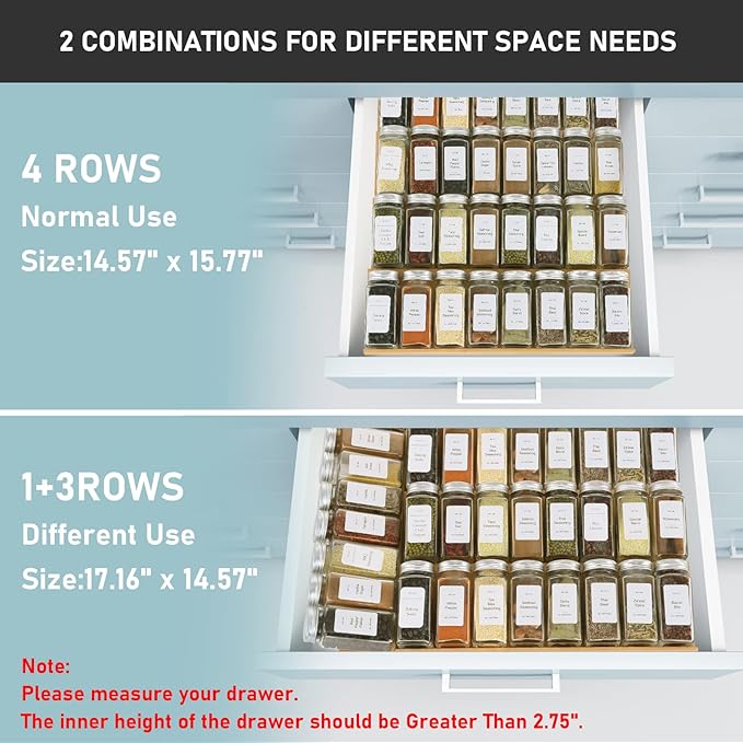 KitHero Spice Drawer Organizer with 28 Spice Jars,216 Labels,25 Non-slip Rubber, Bamboo 4 Tier Seasoning Rack Tray Insert for Kitchen Drawers,Cabinets,Countertop,14.6" Wide x 15.8" Deep