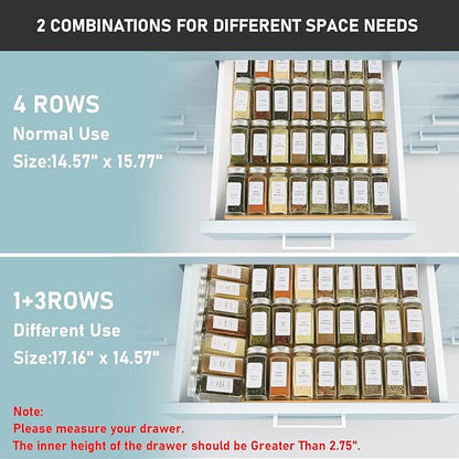 KitHero Spice Drawer Organizer with 28 Spice Jars,216 Labels,25 Non-slip Rubber, Bamboo 4 Tier Seasoning Rack Tray Insert for Kitchen Drawers,Cabinets,Countertop,14.6" Wide x 15.8" Deep