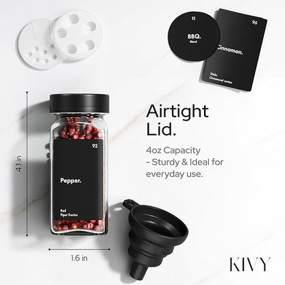KIVY Drawer Spice Organizer + 24 Jars & 240 Labels - Seasoning Rack for Organization - Kitchen Drawer Insert for Spice Jars - Glass Seasoning Jars with Airtight Lids - Glass Spice Jars with Label
