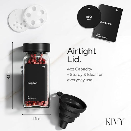 KIVY Drawer Spice Organizer + 24 Jars & 240 Labels - Seasoning Rack for Organization - Kitchen Drawer Insert for Spice Jars - Glass Seasoning Jars with Airtight Lids - Glass Spice Jars with Label