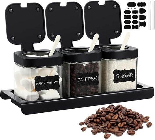 Suclain 3 Pcs Glass Coffee Containers Coffee Station Organizer Set, Airtight Bean Storage Jars with Shelf,labels,spoon, Base and Pen,for Sugar, Candy, Oats, Nuts (Black)