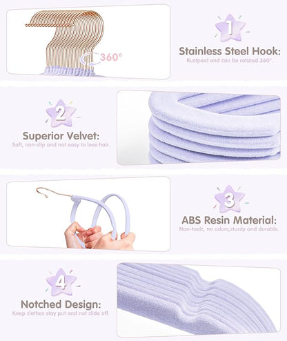 VIS'V Baby Hangers, 11 Inch Velvet Kids Hangers with 6 Pcs Clothes Size Dividers, Infant Toddler Nursery Closet Organization, Non Slip, Lavender, 30 Pcs