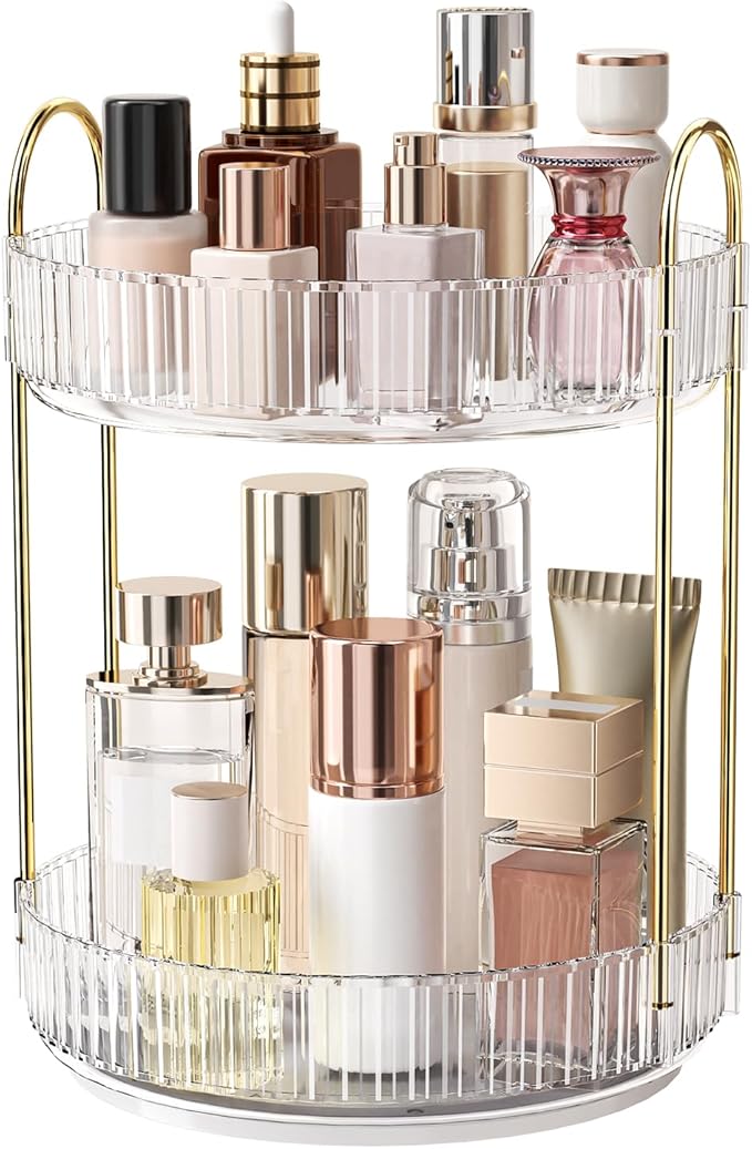 360° Rotating Makeup Organizer, Large Capacity Skincare Organizer, 2 Tier Cosmetic Skin Care Perfume Dresser Organizer, Fits Cosmetics, Perfume, Skin Care, Lipstick