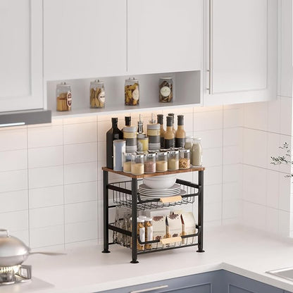 Fruit Vegetable Basket for Kitchen,3 Tier Pantry Organizer with Wheels,Snack cart with Wood Top,Metal Wire Storage Basket Organizer Baskets for Kitchen, Pantry, Bathroom